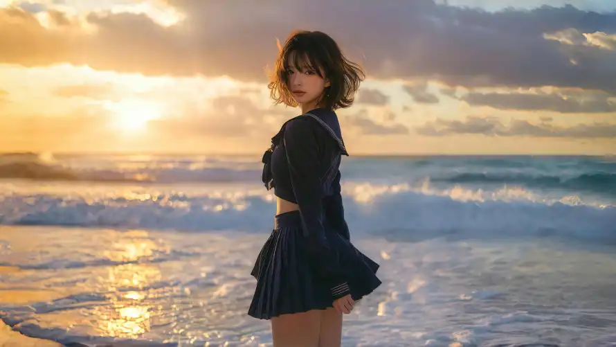 4k侧脸写真壁纸-jk制服 - jk美女-海边写真「哲风壁纸」