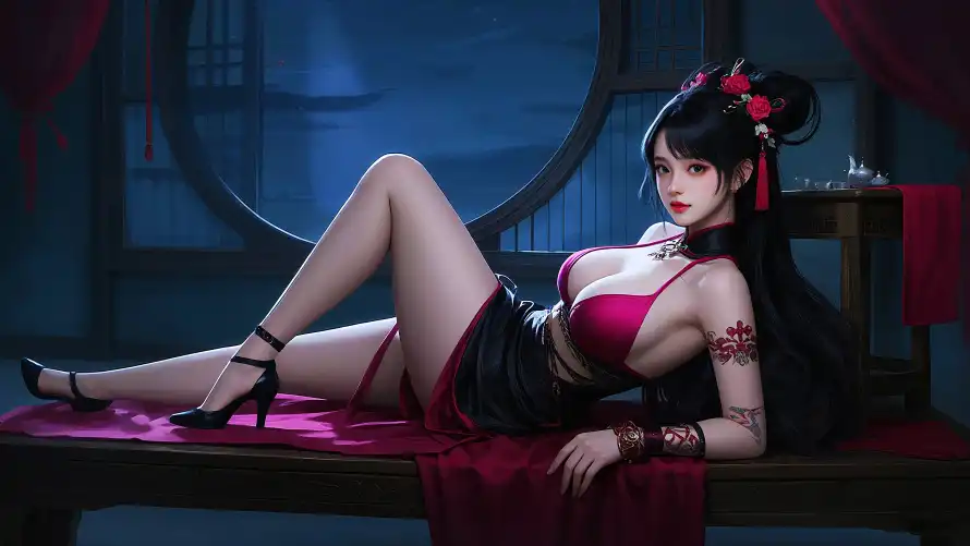 4k美女壁纸-躺姿 - 古风室内-性感躺姿「哲风壁纸」