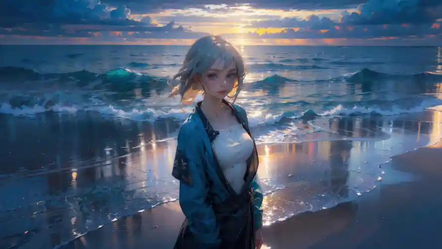 4k动漫壁纸-动漫插画 - 夕阳海滩-海景插画「哲风壁纸」