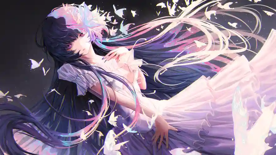 5k蝴蝶壁纸-美少女 - 幻纱长发-梦幻插画「哲风壁纸」