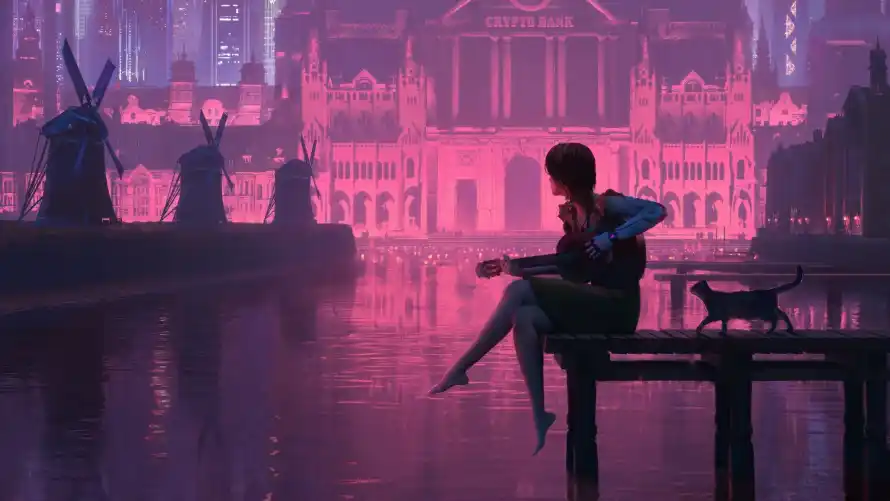 2k少女壁纸-紫色 - 城市夜景-夜景猫咪「哲风壁纸」