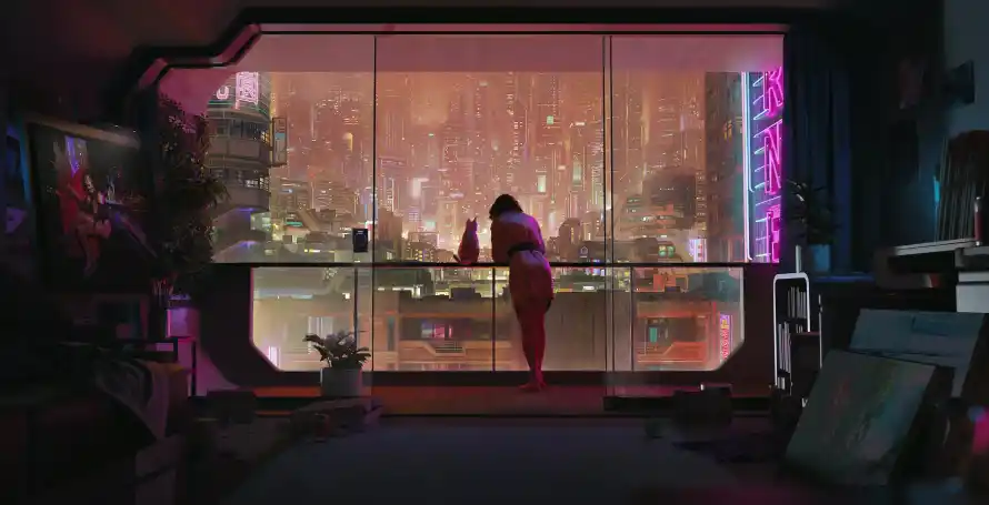 4k少女壁纸-风景 - 未来都市夜景-科幻少女插画「哲风壁纸」