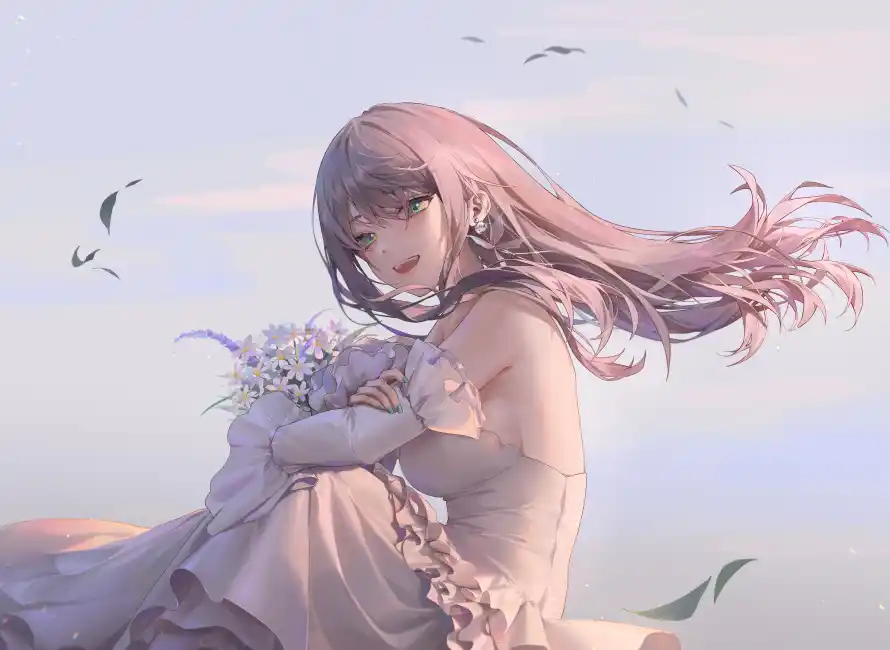 5k婚礼壁纸-捧花 - 动漫少女-天空背景「哲风壁纸」