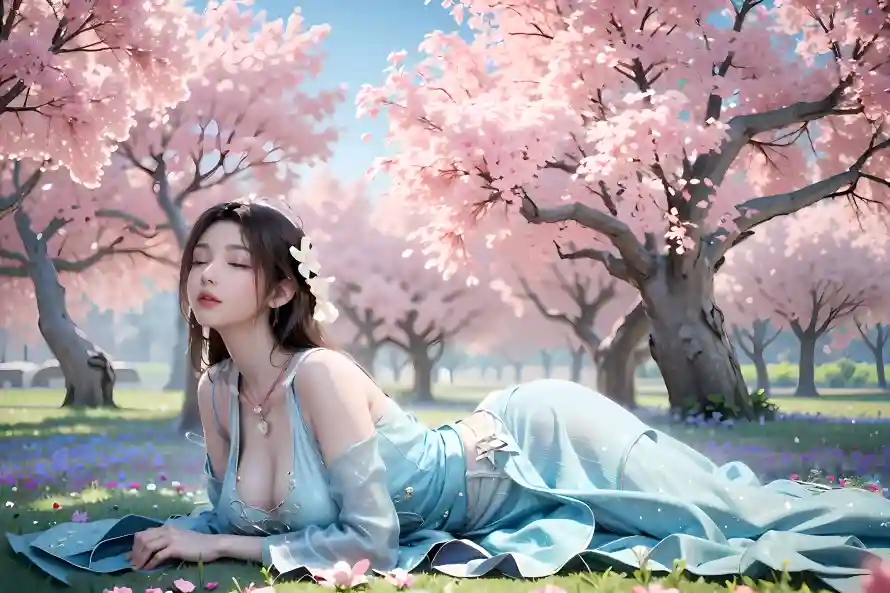4k宋玉壁纸-樱花林 - 蓝裙美女-躺姿美女「哲风壁纸」