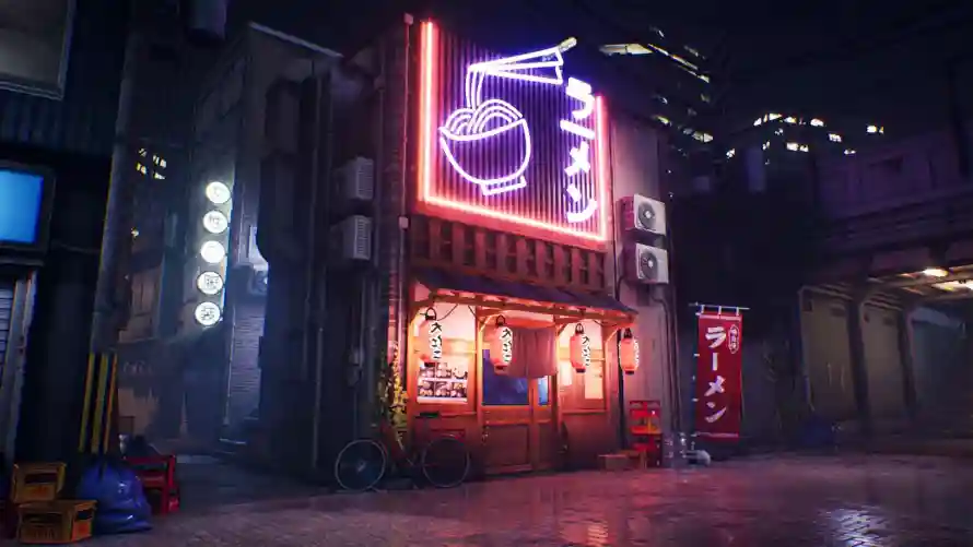 2k拉面馆壁纸-霓虹灯 - 动漫场景-夜晚街道「哲风壁纸」