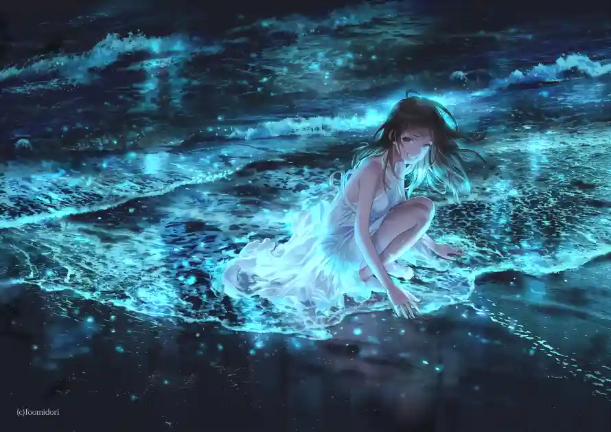 4k动漫壁纸-发光 - 少女-海浪「哲风壁纸」