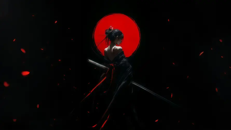 8k暗夜壁纸-武士 - 红月-背影「哲风壁纸」