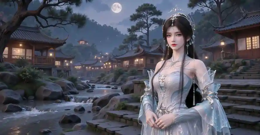 6k古装壁纸-古风 - 月夜-流水「哲风壁纸」