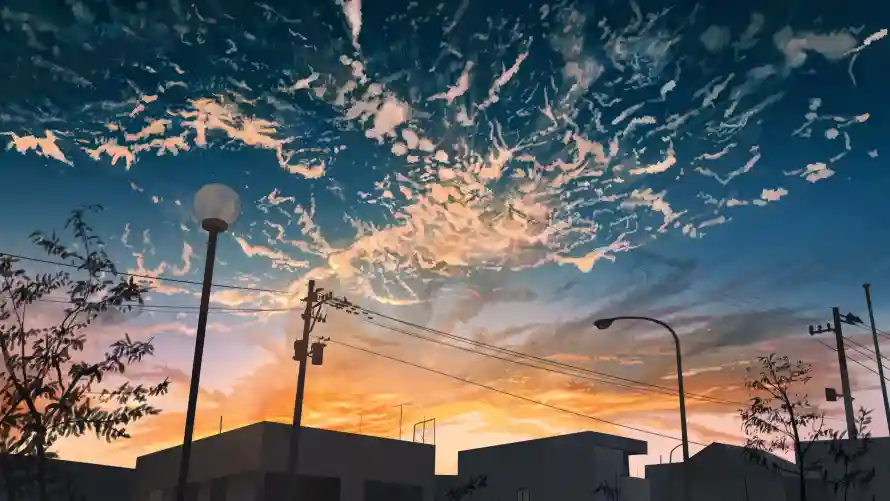 4k天空壁纸-晚霞 - 白云-路灯「哲风壁纸」