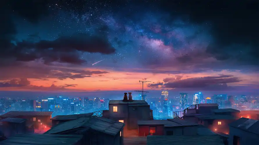 5k屋顶壁纸-星空 - 狗狗-城市夜景「哲风壁纸」