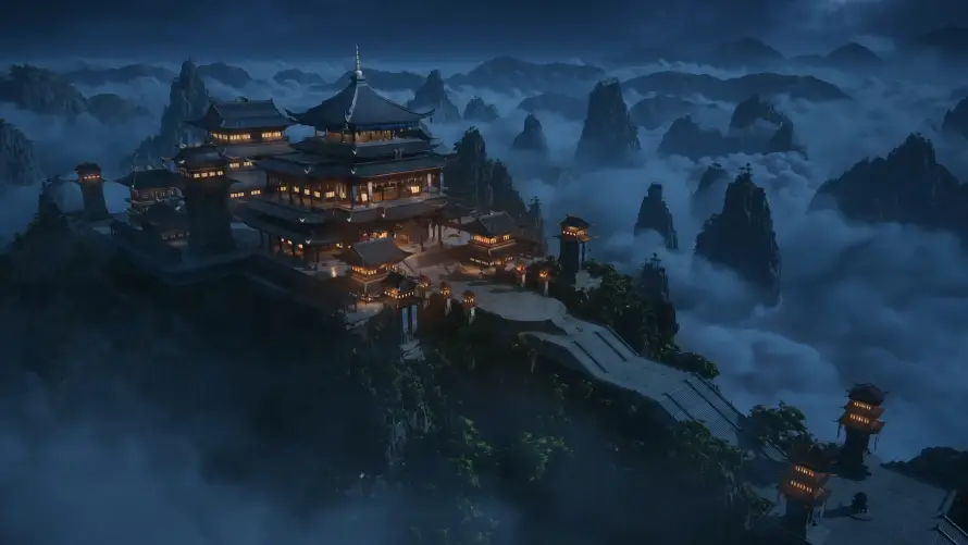 4k凡人壁纸-山峰 - 灯火-云雾缭绕「哲风壁纸」
