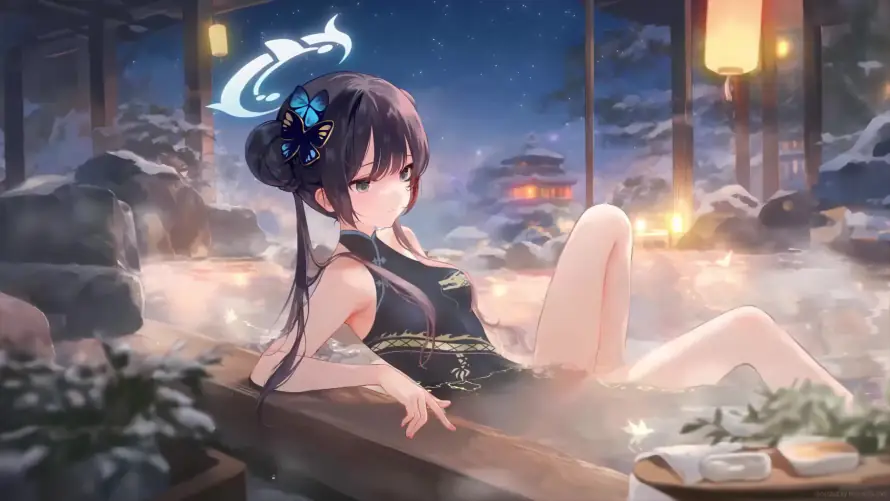 4k夜晚壁纸-少女 - 温泉-灯笼「哲风壁纸」