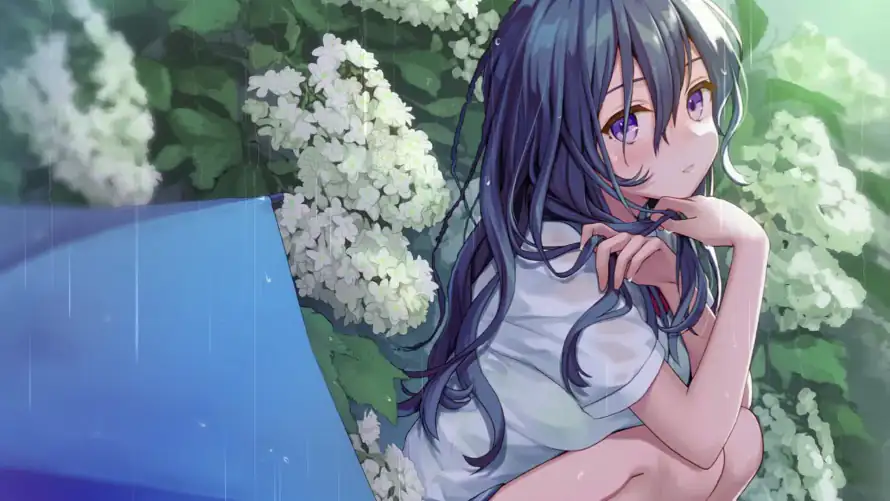 2k下雨壁纸-少女 - 花丛-雨天「哲风壁纸」