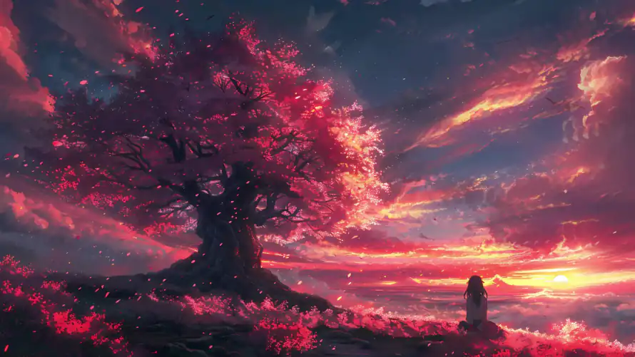 4k夕阳云霞壁纸-女孩背影 - 樱花飘落-黄昏天空「哲风壁纸」