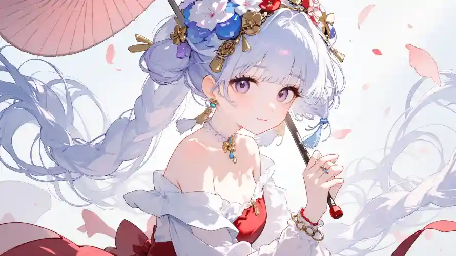4k可爱壁纸-高清 - 持伞女孩-粉色花瓣「哲风壁纸」