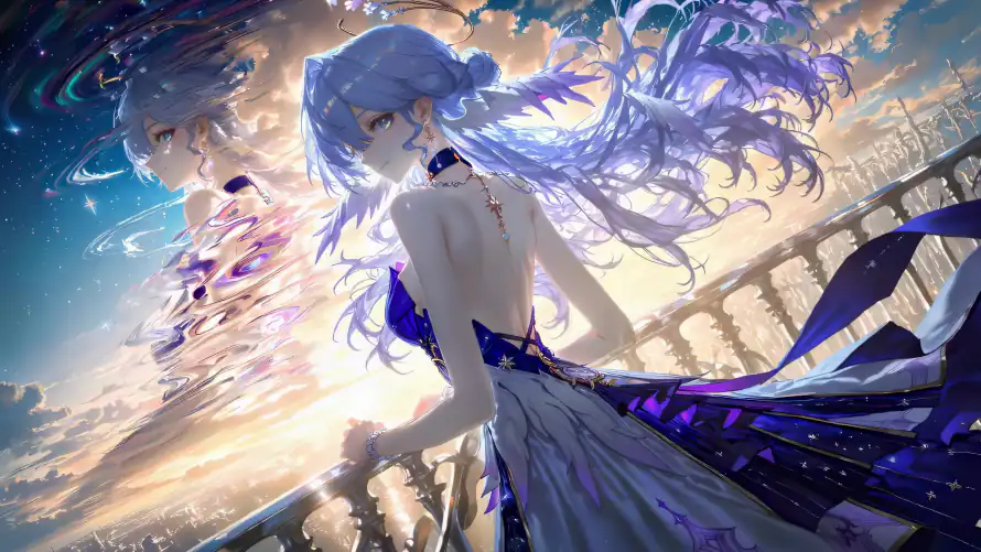 4k栏杆壁纸-知更鸟 - 星空背景-白色长裙「哲风壁纸」