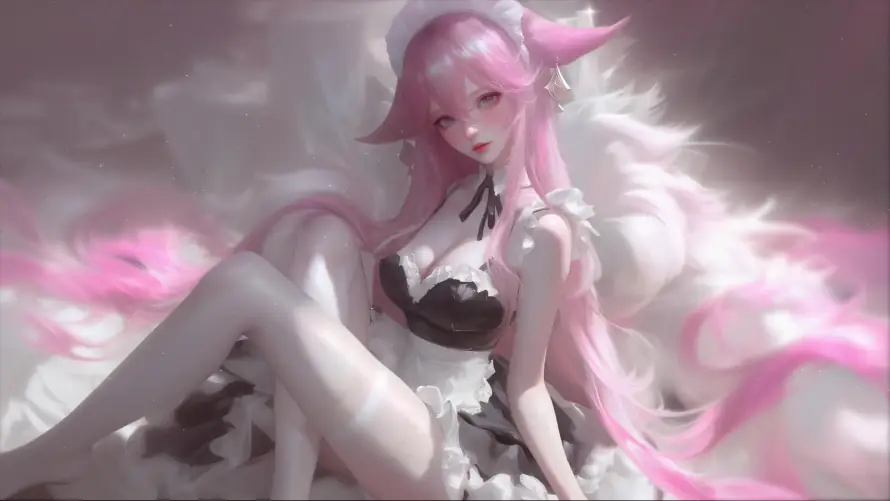4k少女壁纸-粉色 - 女仆装-云雾背景「哲风壁纸」