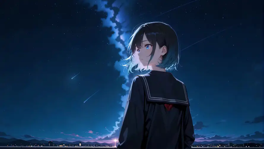 4k星空壁纸-背影 - 深蓝色-jk制服「哲风壁纸」