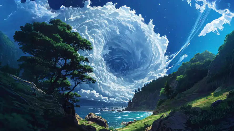 4k山林壁纸-海湾 - 海岸线-漩涡云「哲风壁纸」