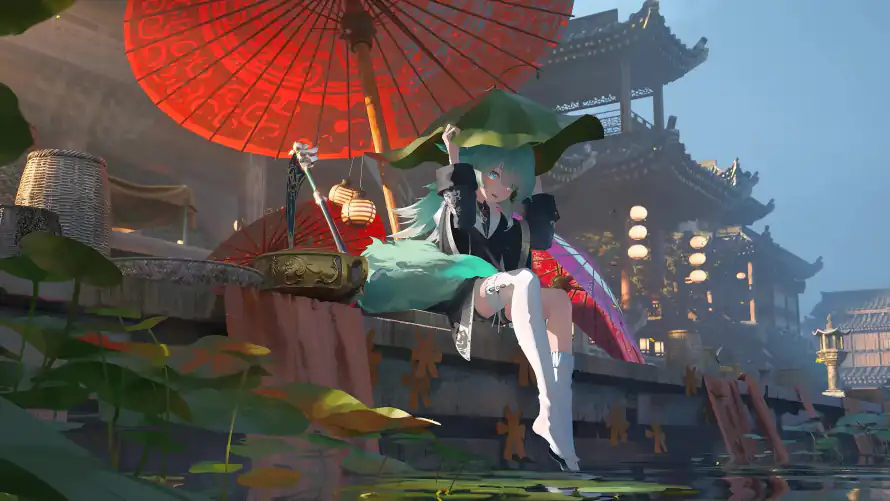 4k古风壁纸-少女 - 红伞-绿发「哲风壁纸」