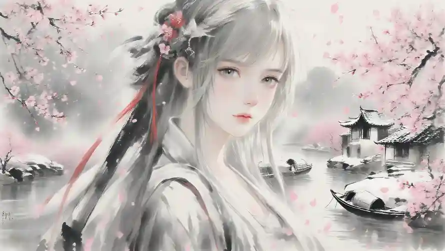 4k国风壁纸-樱花 - 美女-水墨画「哲风壁纸」