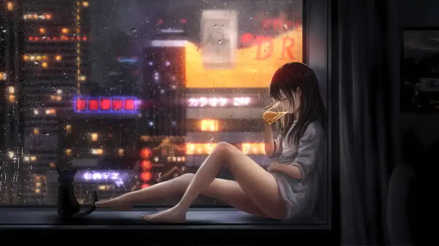 4k雨天壁纸-霓虹灯 - 城市雨夜-灰色上衣「哲风壁纸」