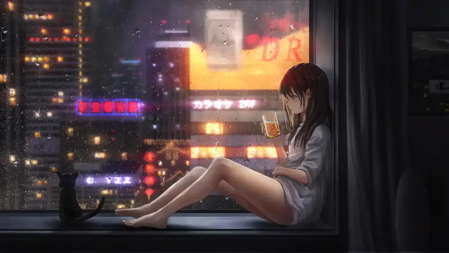 2k猫咪壁纸-雨痕 - 城市夜景-城市灯光「哲风壁纸」