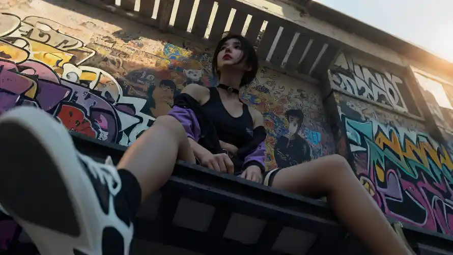 5k涂鸦墙壁纸-仰拍美女 - 涂鸦街拍-紫色袖套「哲风壁纸」
