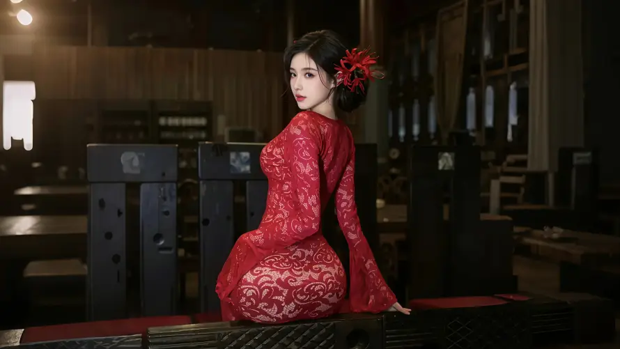 4k古风壁纸-古典美人 - 红色发饰-红衣美女「哲风壁纸」