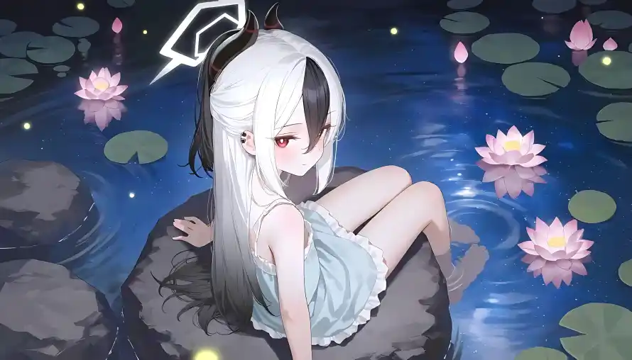 4k夜晚壁纸-少女 - 荷花-二次元「哲风壁纸」