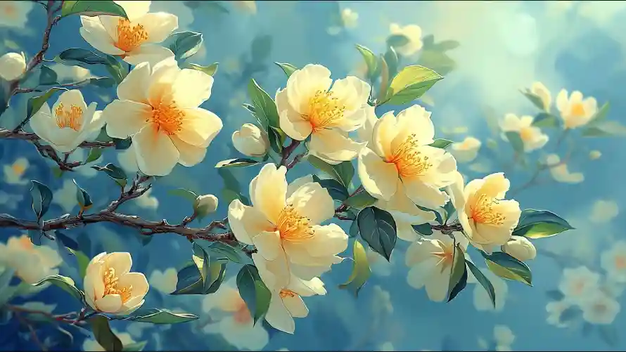 2k枝干壁纸-山茶花 - 水墨画-黄色花朵「哲风壁纸」