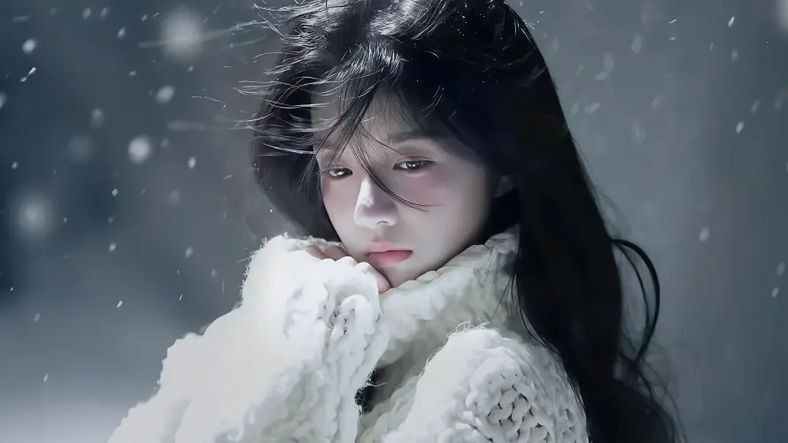4k下雪壁纸-冬季雪景 - 毛衣美女-温柔气质「哲风壁纸」