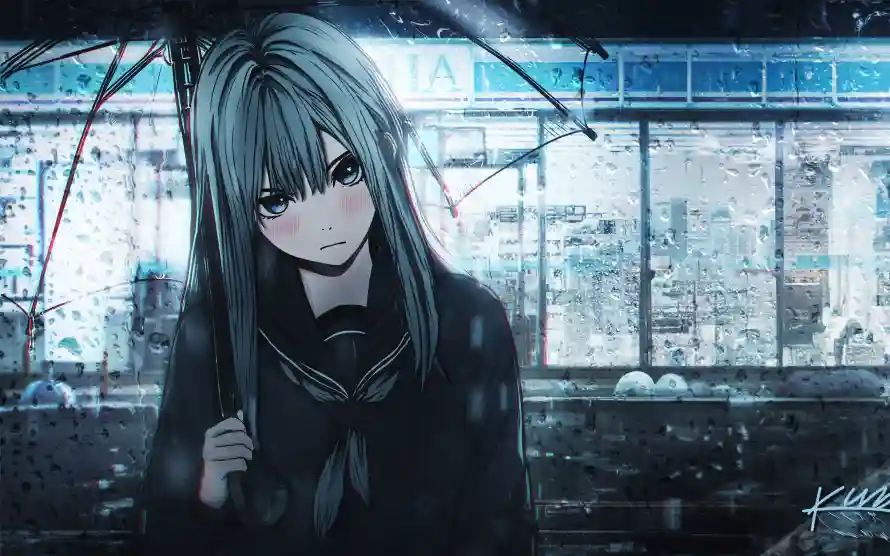 3k少女壁纸-蓝色 - 雨夜-玻璃窗「哲风壁纸」