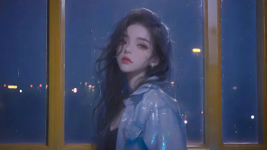 4k夜景壁纸-灯光 - 窗边-美女「哲风壁纸」