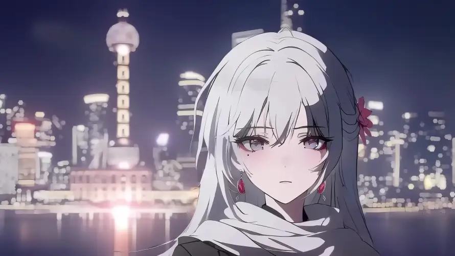 4k上海夜景壁纸-东方明珠 - 少女侧脸-白发少女「哲风壁纸」