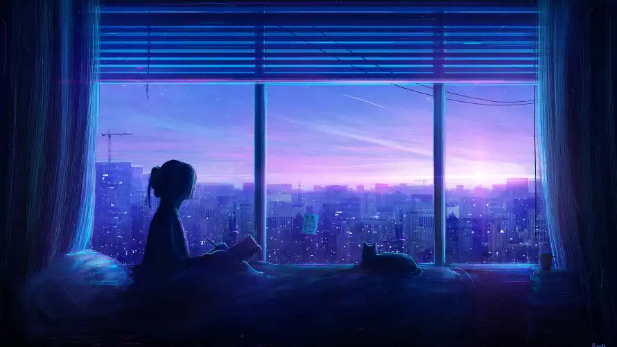 5k夜景壁纸-猫 - 女孩-窗边「哲风壁纸」