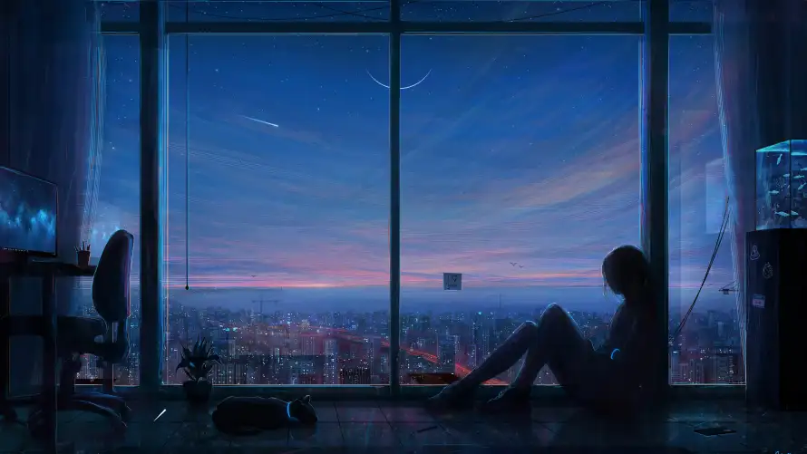 5k夜景壁纸-城市夜景 - 电脑壁纸-窗边人物「哲风壁纸」