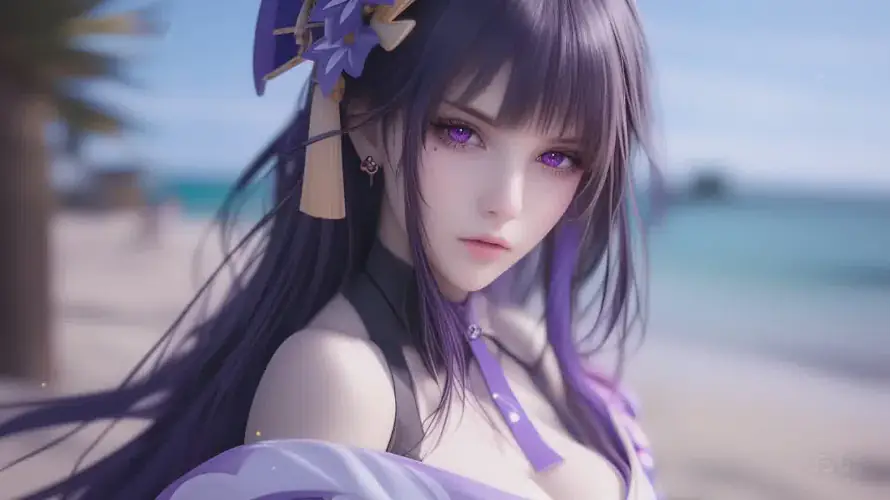2k海边壁纸-紫瞳 - 美女-蝴蝶结「哲风壁纸」
