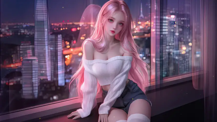 2k粉发壁纸-美女 - 长筒袜-城市夜景「哲风壁纸」