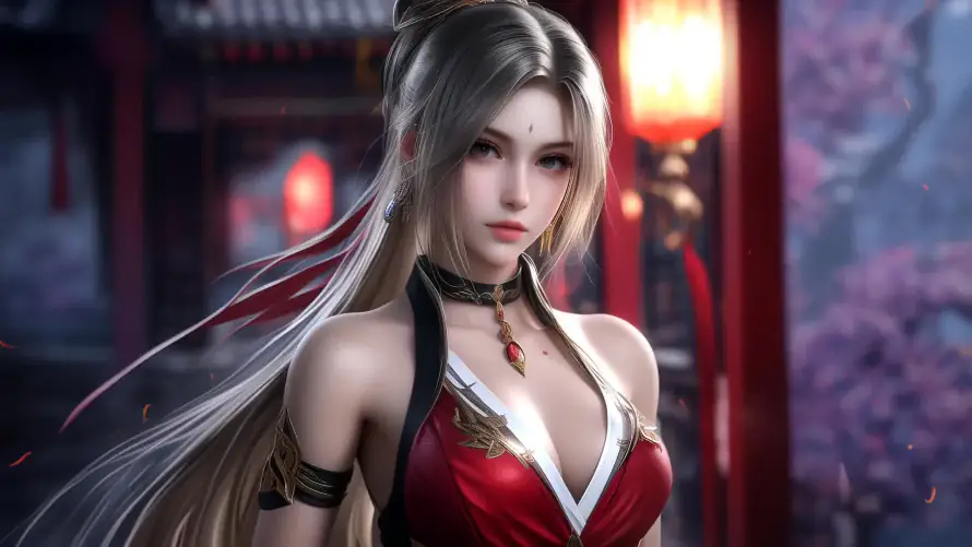 2k旗袍壁纸-灯笼 - 红衣-美女「哲风壁纸」