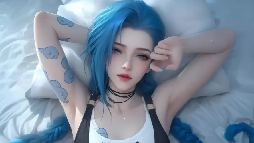 2k吊带壁纸-纹身 - 美女-蓝发「哲风壁纸」