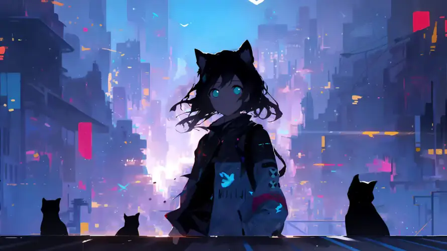 2k夜景壁纸-猫咪 - 霓虹-猫耳少女「哲风壁纸」