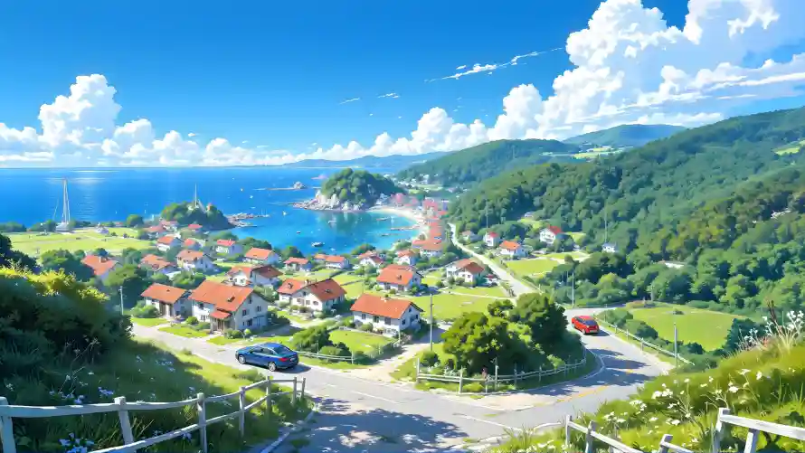 4k海景壁纸-海湾 - 滨海小镇-红顶房屋「哲风壁纸」