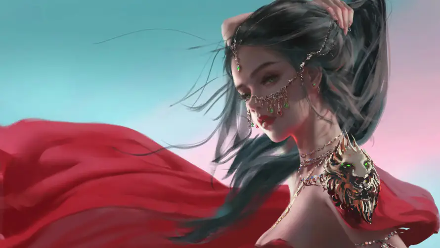 4k马尾壁纸-WLOP - 渐变背景-红裙美女「哲风壁纸」