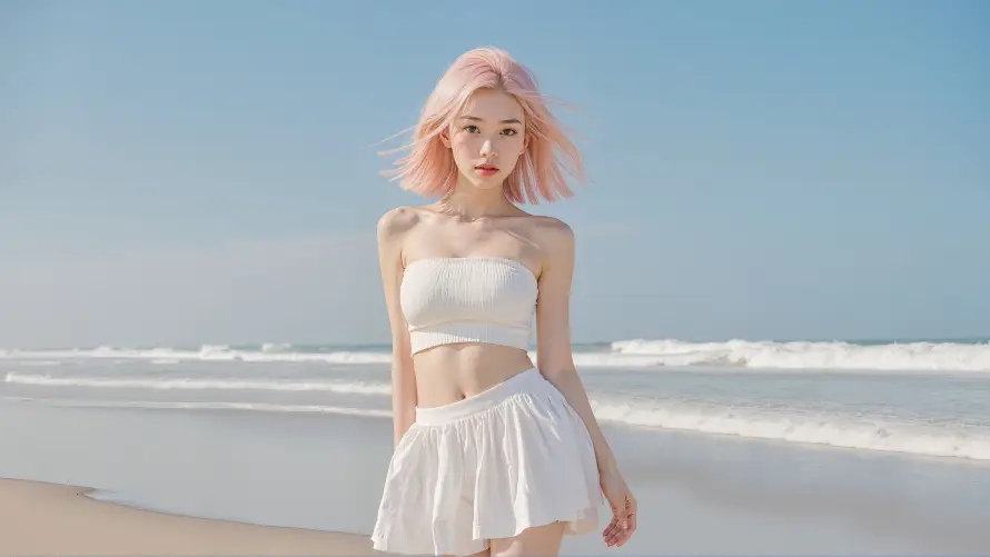 4k海浪壁纸-海滩 - 白衣-美女「哲风壁纸」