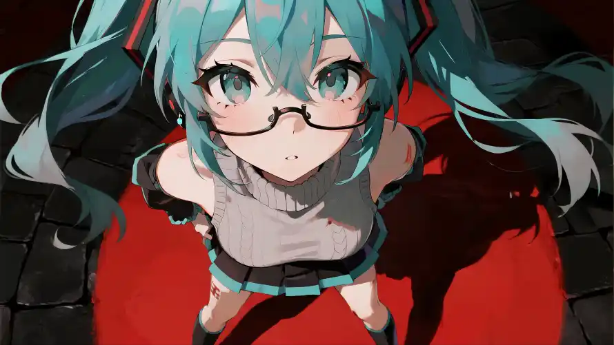 3k初音壁纸-眼镜 - 红黑-蓝发「哲风壁纸」