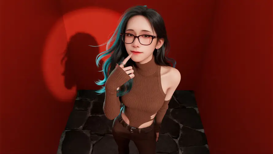 3k女性壁纸-眼镜 - 棕色上衣-红色背景「哲风壁纸」
