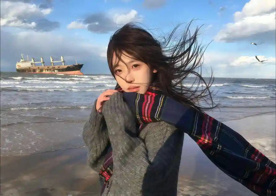 4k女孩壁纸-海边 - 海鸥-黑色「哲风壁纸」