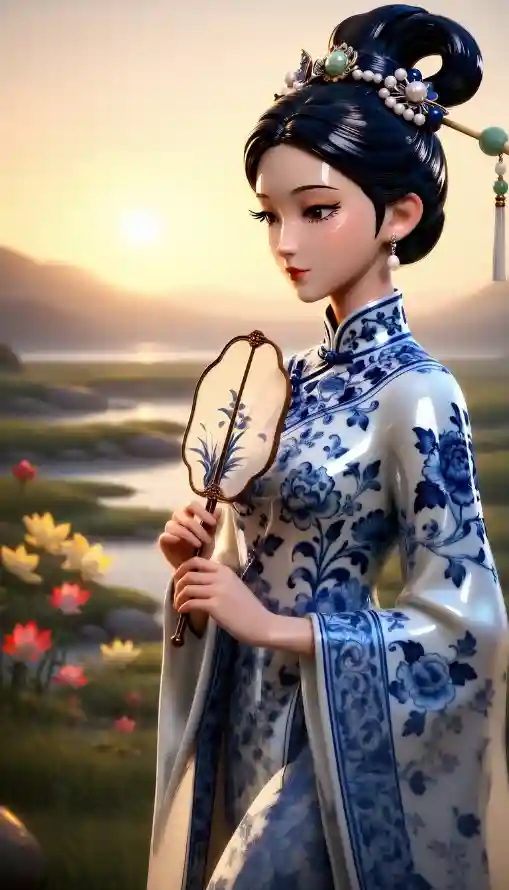4k古风壁纸 - 夕阳 - 山水 - 扇子「哲风壁纸」