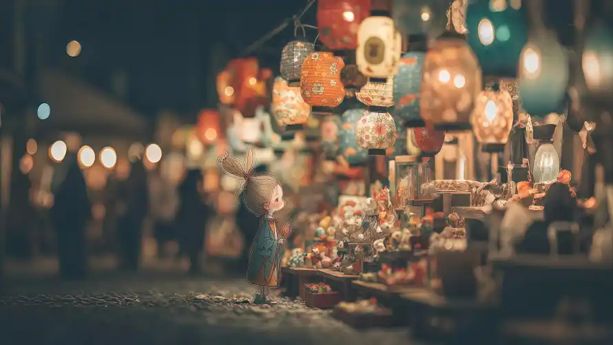 4k古风壁纸-夜市 - 摊位-灯笼「哲风壁纸」